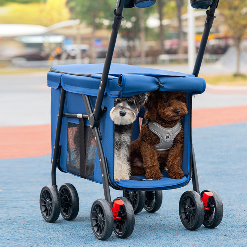Trolley Foldable Pet Stroller Metal Breathable Mesh Removable Cats Dogs Bags Storage Basket Travel Outdoor Oxford - Blue