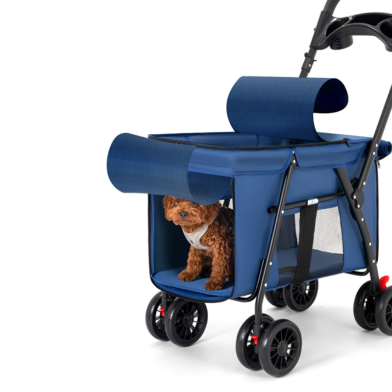 Trolley Foldable Pet Stroller Metal Breathable Mesh Removable Cats Dogs Bags Storage Basket Travel Outdoor Oxford - Blue