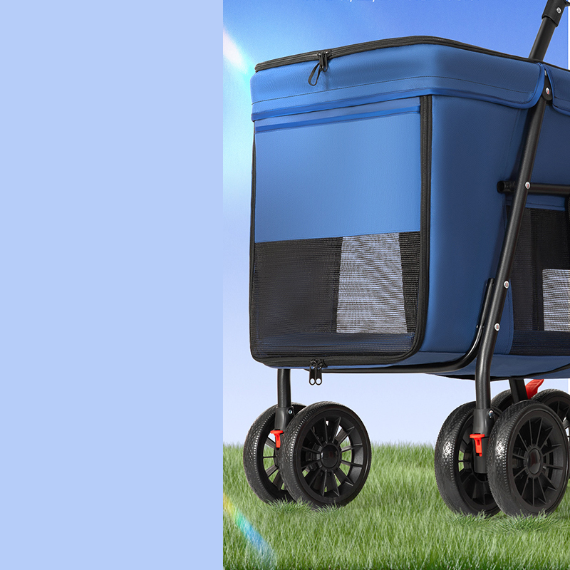 Trolley Foldable Pet Stroller Metal Breathable Mesh Removable Cats Dogs Bags Storage Basket Travel Outdoor Oxford - Blue