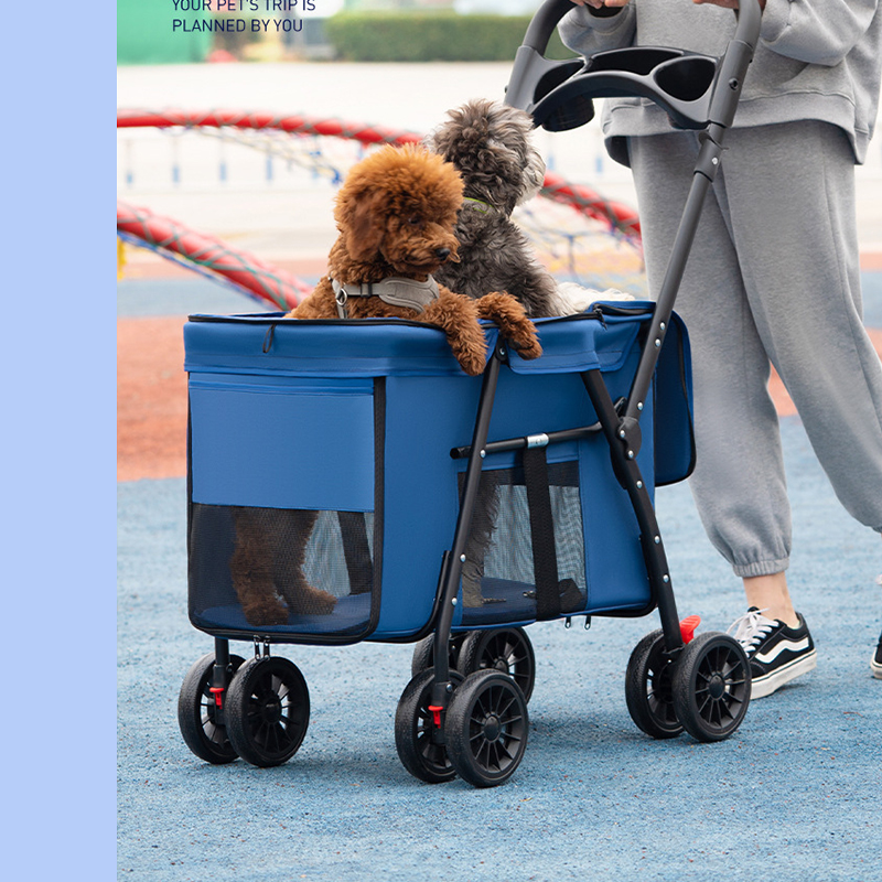 Trolley Foldable Pet Stroller Metal Breathable Mesh Removable Cats Dogs Bags Storage Basket Travel Outdoor Oxford - Blue