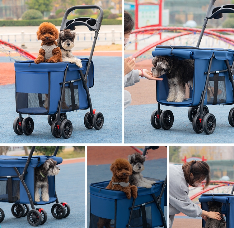 Trolley Foldable Pet Stroller Metal Breathable Mesh Removable Cats Dogs Bags Storage Basket Travel Outdoor Oxford - Blue