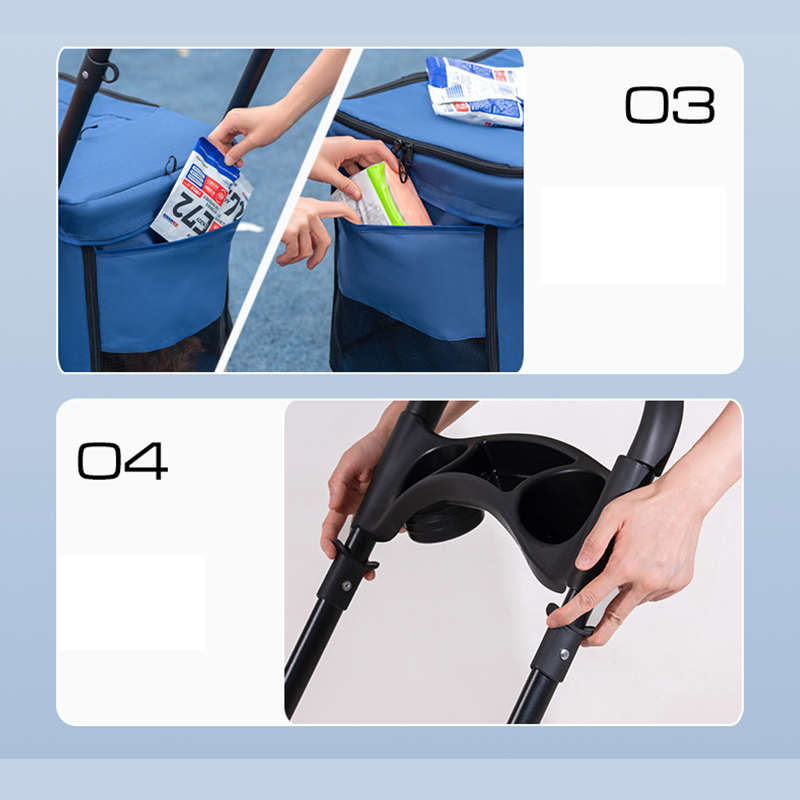 Trolley Foldable Pet Stroller Metal Breathable Mesh Removable Cats Dogs Bags Storage Basket Travel Outdoor Oxford - Blue