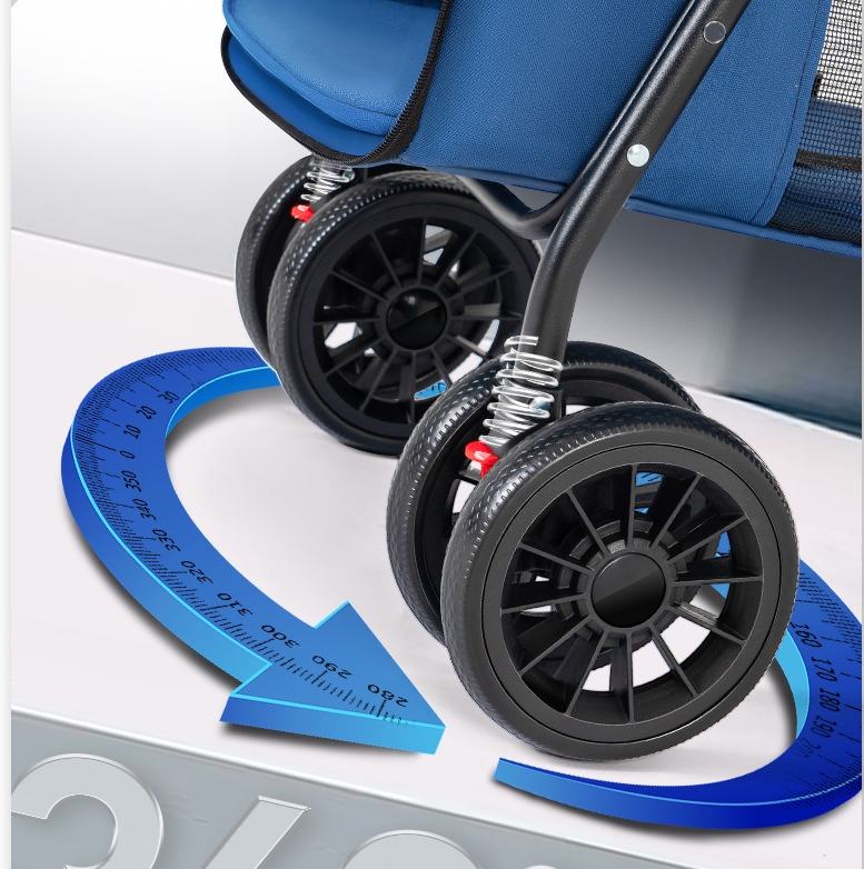 Trolley Foldable Pet Stroller Metal Breathable Mesh Removable Cats Dogs Bags Storage Basket Travel Outdoor Oxford - Blue