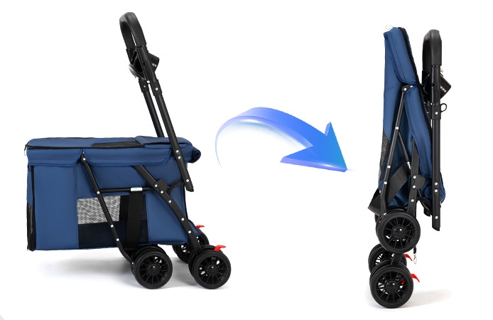 Trolley Foldable Pet Stroller Metal Breathable Mesh Removable Cats Dogs Bags Storage Basket Travel Outdoor Oxford - Blue