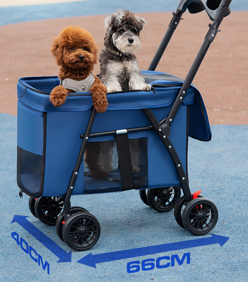 Trolley Foldable Pet Stroller Metal Breathable Mesh Removable Cats Dogs Bags Storage Basket Travel Outdoor Oxford - Blue