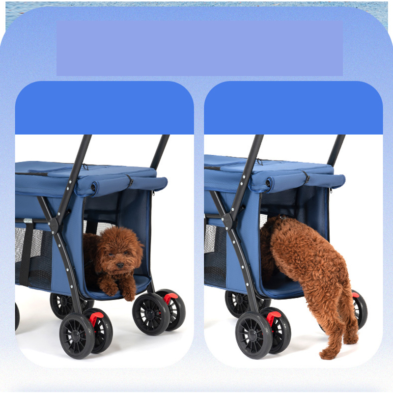 Trolley Foldable Pet Stroller Metal Breathable Mesh Removable Cats Dogs Bags Storage Basket Travel Outdoor Oxford - Blue