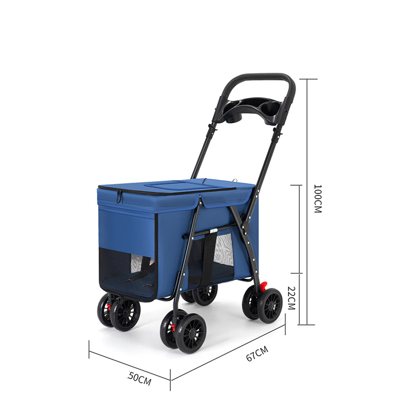 Trolley Foldable Pet Stroller Metal Breathable Mesh Removable Cats Dogs Bags Storage Basket Travel Outdoor Oxford - Blue