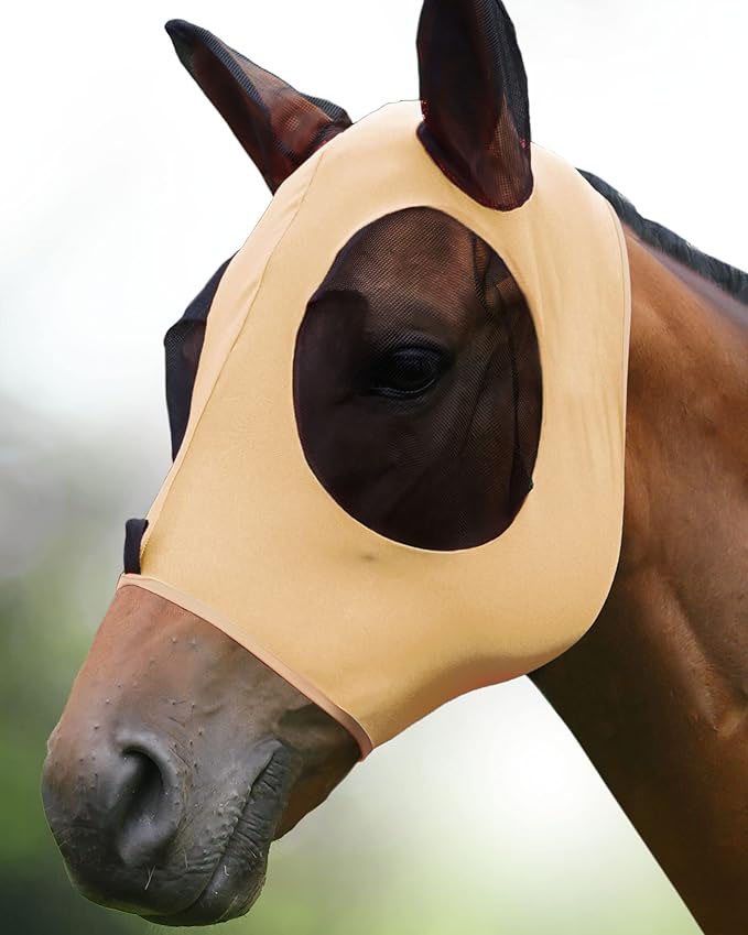 UV Protection Polyester Mosquito Repellent Summer Breathable Horse Fly Mask With Ears Rugged Ride Horse Supplies - Champagne Gold