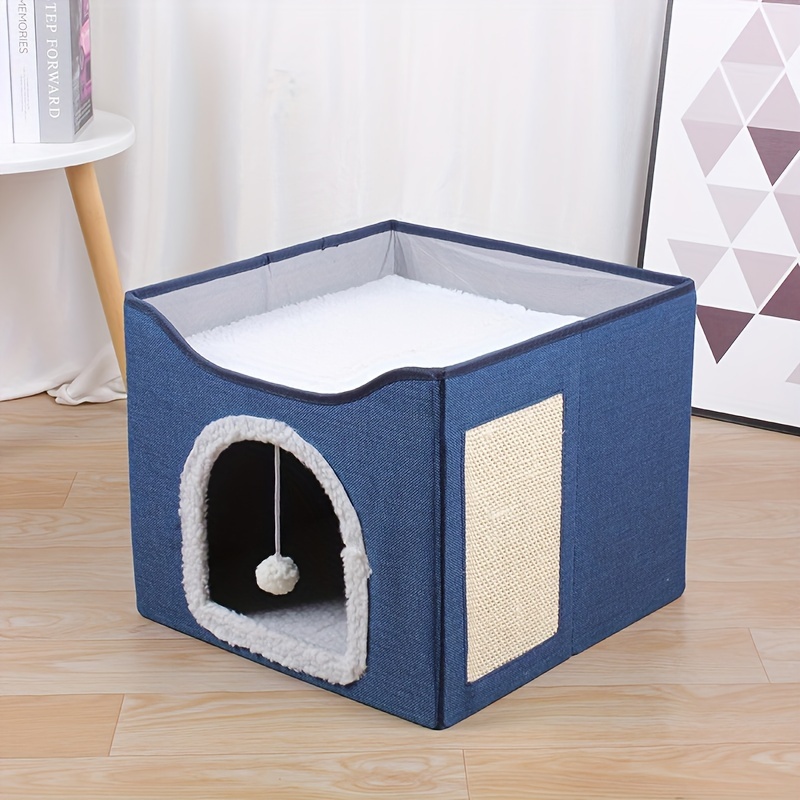 Wooden Washable Pet Stool Pet Bed Indoor For Cats Foldable Cat House With Cat Toy And Storage Stool - Blue