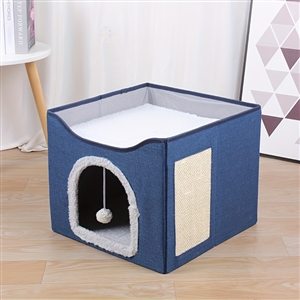 Wooden Washable Pet Stool Pet Bed Indoor For Cats Foldable Cat House With Cat Toy And Storage Stool - Blue