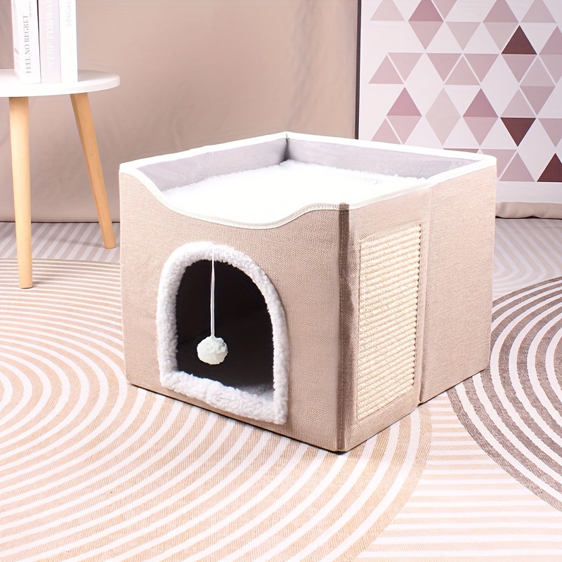 Wooden Washable Pet Stool Pet Bed Indoor For Cats Foldable Cat House With Cat Toy And Storage Stool - Khaki