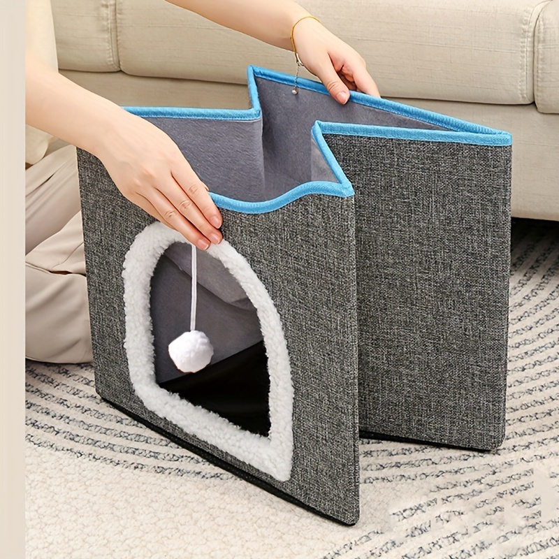 Wooden Washable Pet Stool Pet Bed Indoor For Cats Foldable Cat House With Cat Toy And Storage Stool - Blue