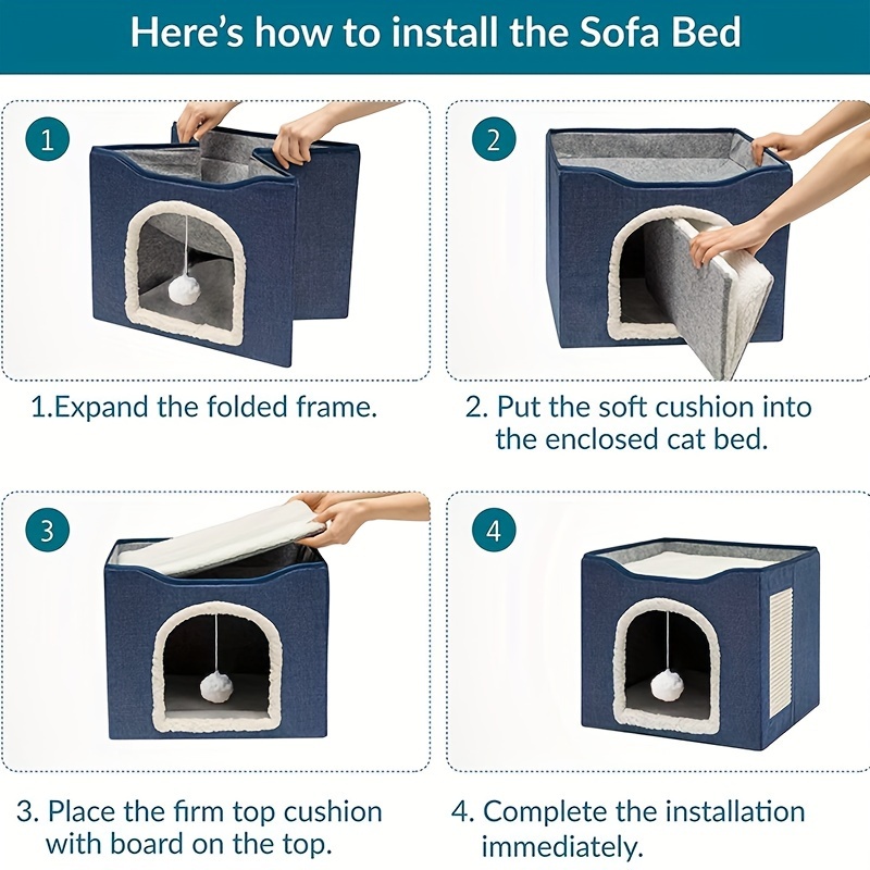 Wooden Washable Pet Stool Pet Bed Indoor For Cats Foldable Cat House With Cat Toy And Storage Stool - Blue