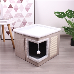 Wooden Washable Pet Stool Pet Bed Indoor For Cats Foldable Cat House With Cat Toy And Storage Stool - Right Angle Beige