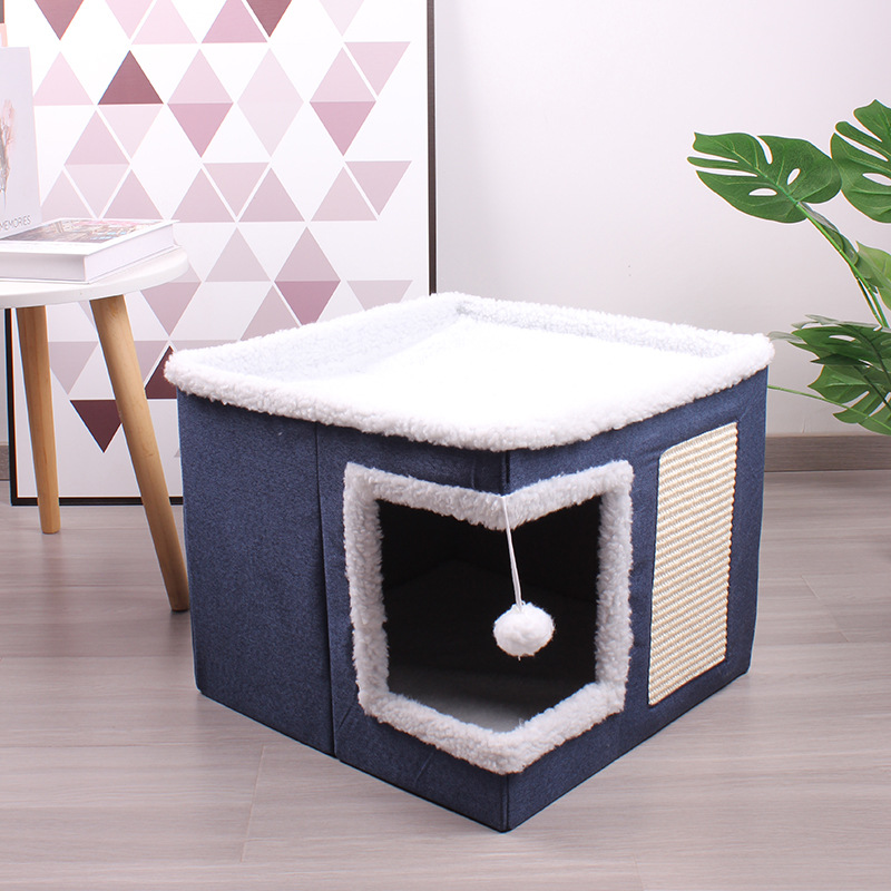 Wooden Washable Pet Stool Pet Bed Indoor For Cats Foldable Cat House With Cat Toy And Storage Stool - Right Angle Blue