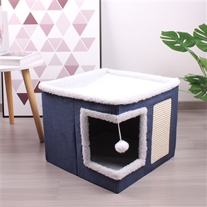 Wooden Washable Pet Stool Pet Bed Indoor For Cats Foldable Cat House With Cat Toy And Storage Stool - Right Angle Blue