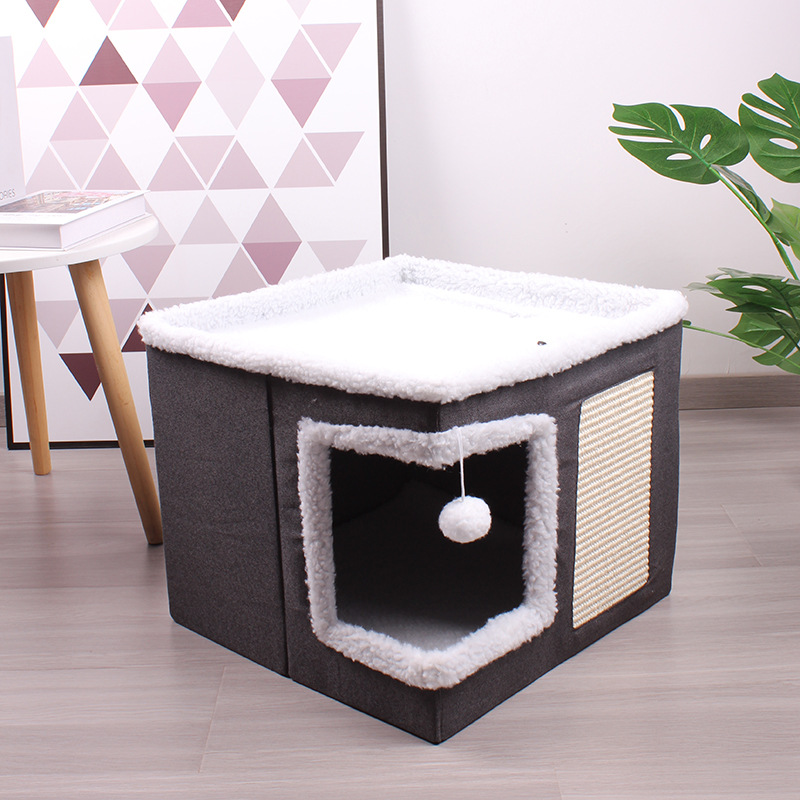 Wooden Washable Pet Stool Pet Bed Indoor For Cats Foldable Cat House With Cat Toy And Storage Stool - Right Angle Grey