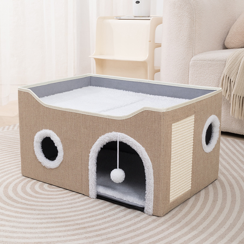 Wooden Washable Pet Stool Pet Bed Indoor For Cats Foldable Cat House With Cat Toy And Storage Stool - Round Beige