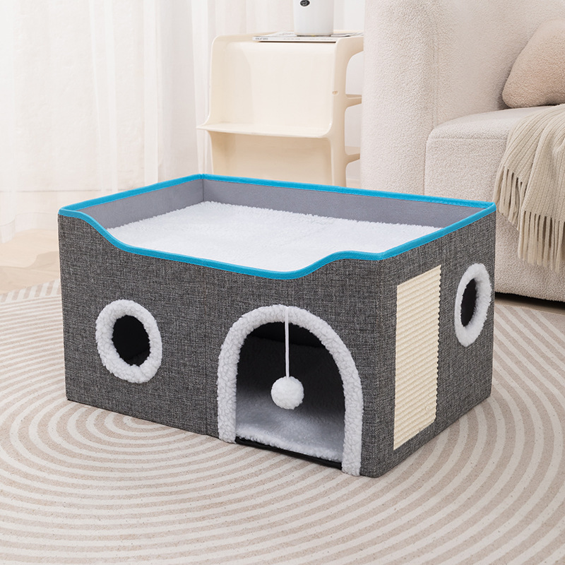 Wooden Washable Pet Stool Pet Bed Indoor For Cats Foldable Cat House With Cat Toy And Storage Stool - Round Grey