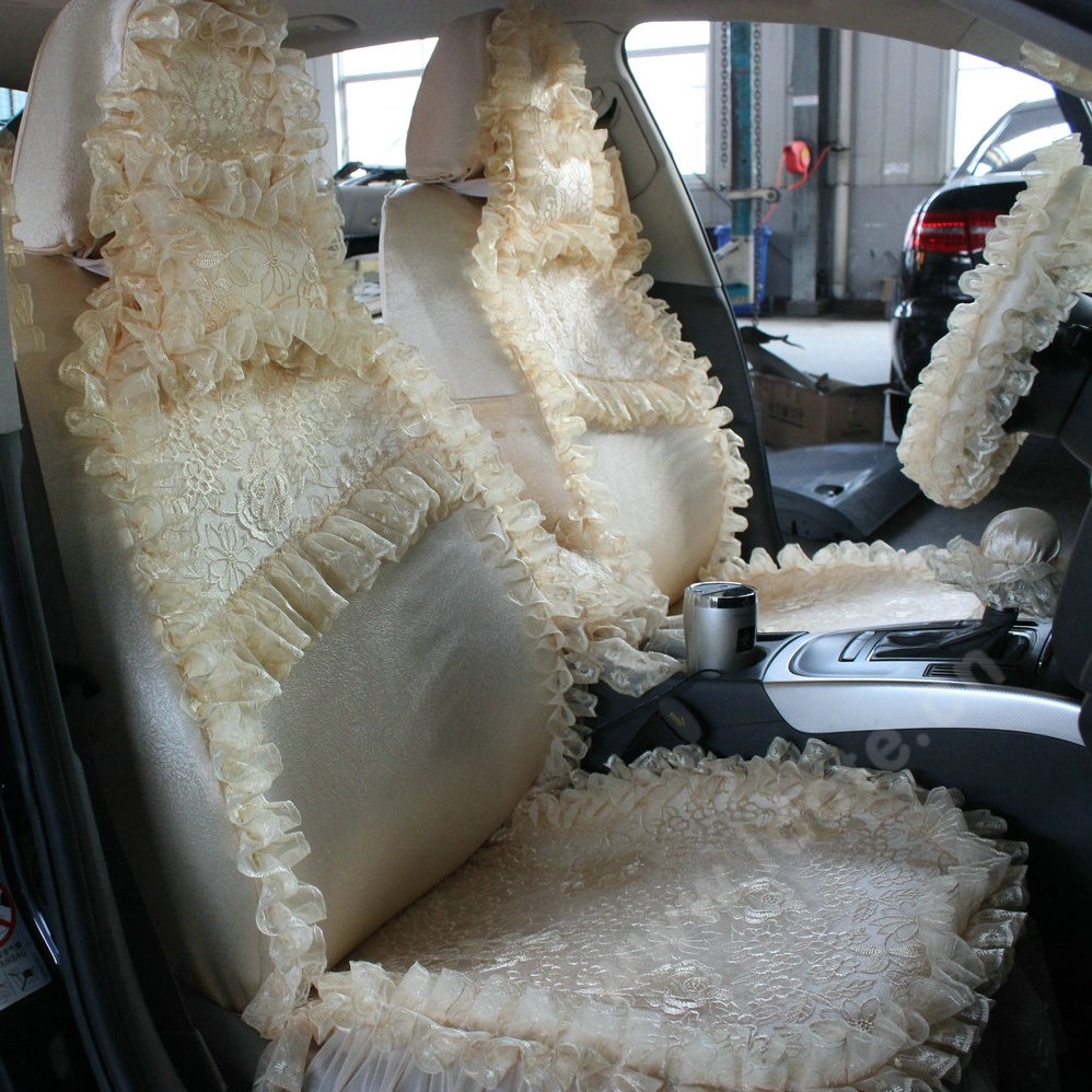 Best Tailored Girly Bud Silk Automotive Floral Safest Lace Ice Silk Custom Automobile Car Seat Cover Sets - Beige