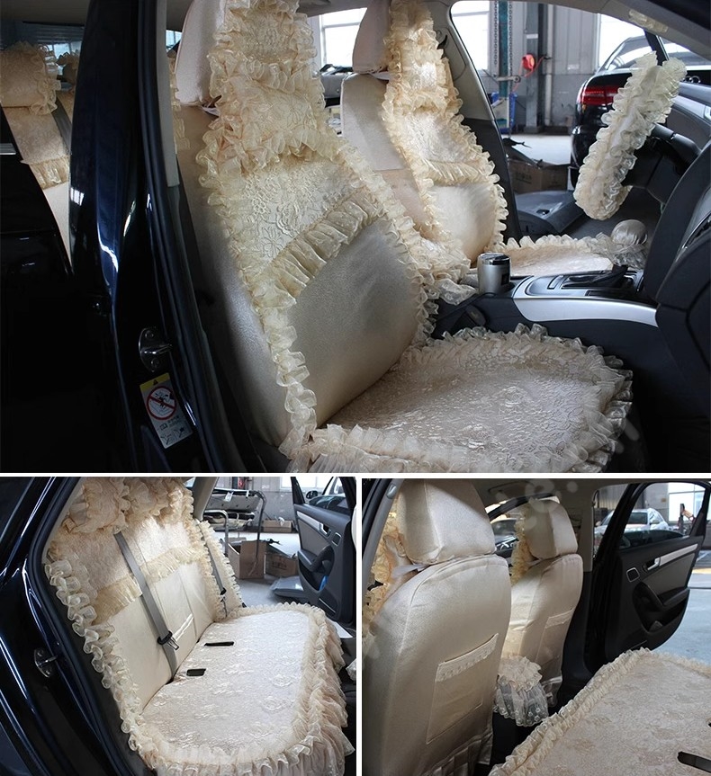 Best Tailored Girly Bud Silk Automotive Floral Safest Lace Ice Silk Custom Automobile Car Seat Cover Sets - Beige