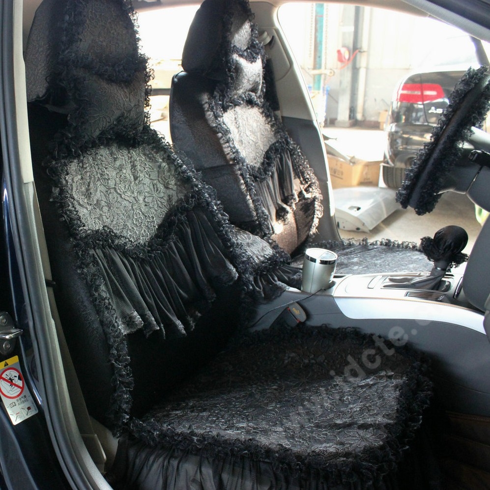 Best Tailored Girly Bud Silk Automotive Floral Safest Lace Ice Silk Custom Automobile Car Seat Cover Sets - Black