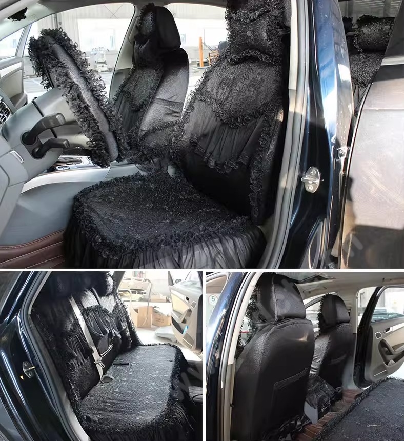 Best Tailored Girly Bud Silk Automotive Floral Safest Lace Ice Silk Custom Automobile Car Seat Cover Sets - Black