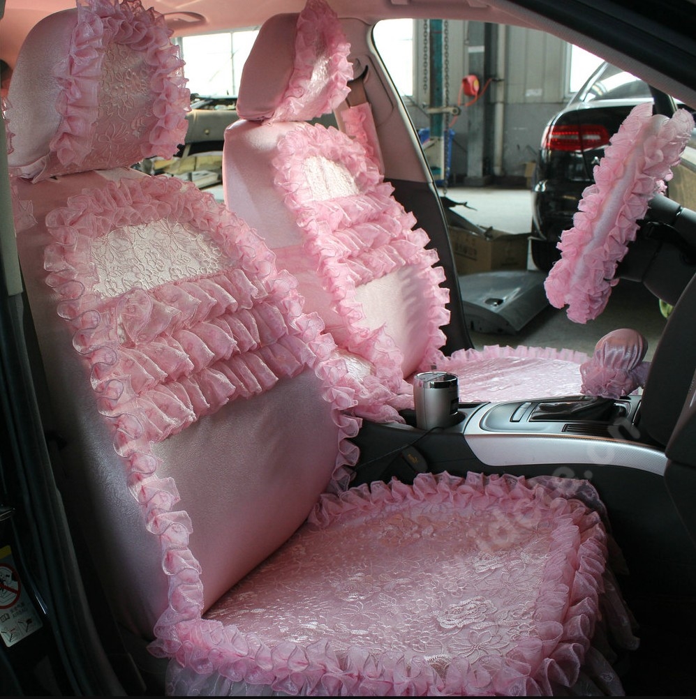 Best Tailored Girly Bud Silk Automotive Floral Safest Lace Ice Silk Custom Automobile Car Seat Cover Sets - Pink