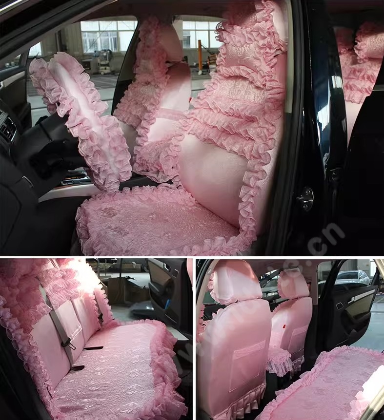 Best Tailored Girly Bud Silk Automotive Floral Safest Lace Ice Silk Custom Automobile Car Seat Cover Sets - Pink