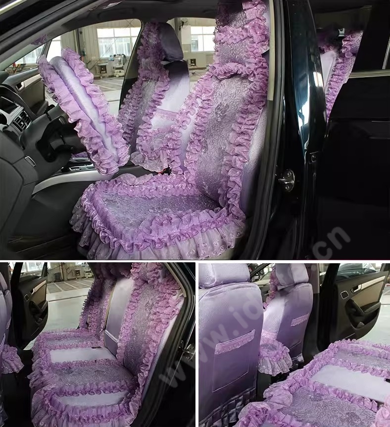 Best Tailored Girly Bud Silk Automotive Floral Safest Lace Ice Silk Custom Automobile Car Seat Cover Sets - Purple