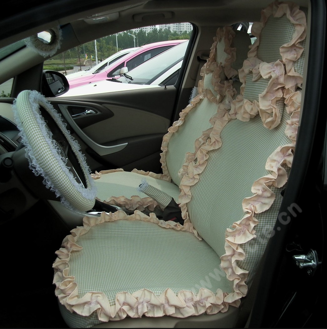 Elegant Bud Silk Woman Square Grid Girls Lace Cotton Custom Automobile Car Seat Cover Set - Light Green Floral
