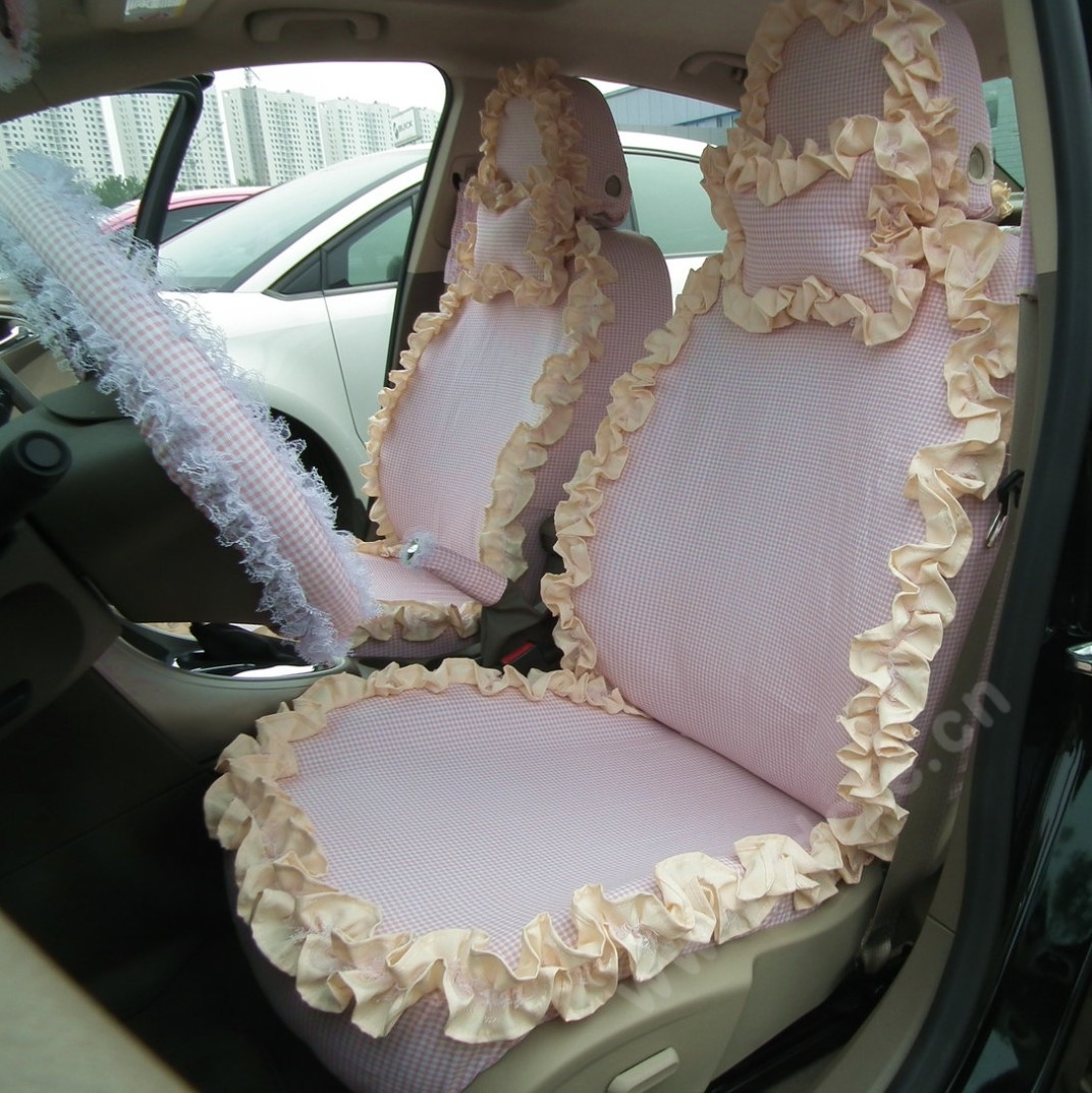 Elegant Bud Silk Woman Square Grid Girls Lace Cotton Custom Automobile Car Seat Cover Set - Light Pink Floral