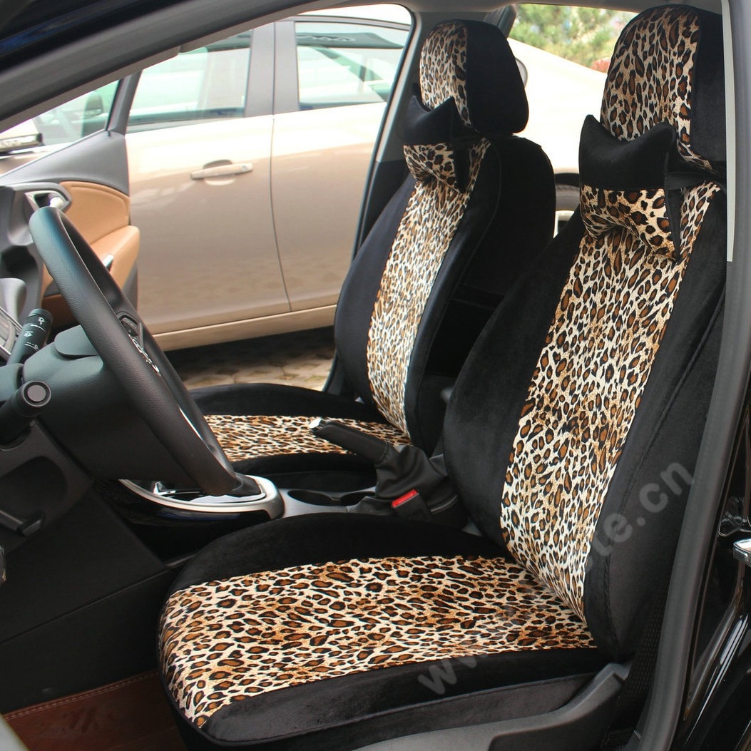 Funky Automobile Woman Leopard Print Girls Velvet Custom Automobile Car Seat Cover Set - Black Brown