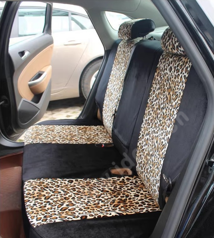 Funky Automobile Woman Leopard Print Girls Velvet Custom Automobile Car Seat Cover Set - Black Brown