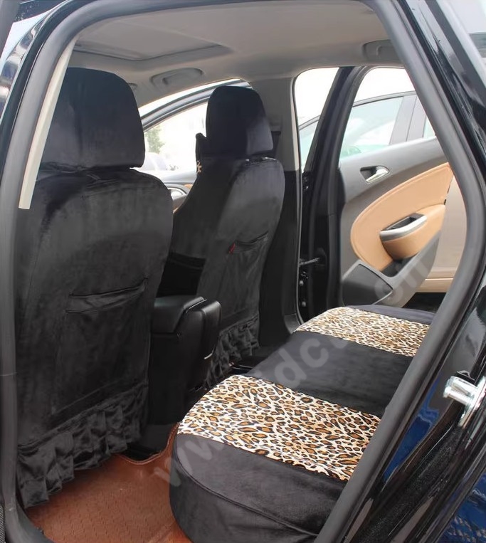 Funky Automobile Woman Leopard Print Girls Velvet Custom Automobile Car Seat Cover Set - Black Brown