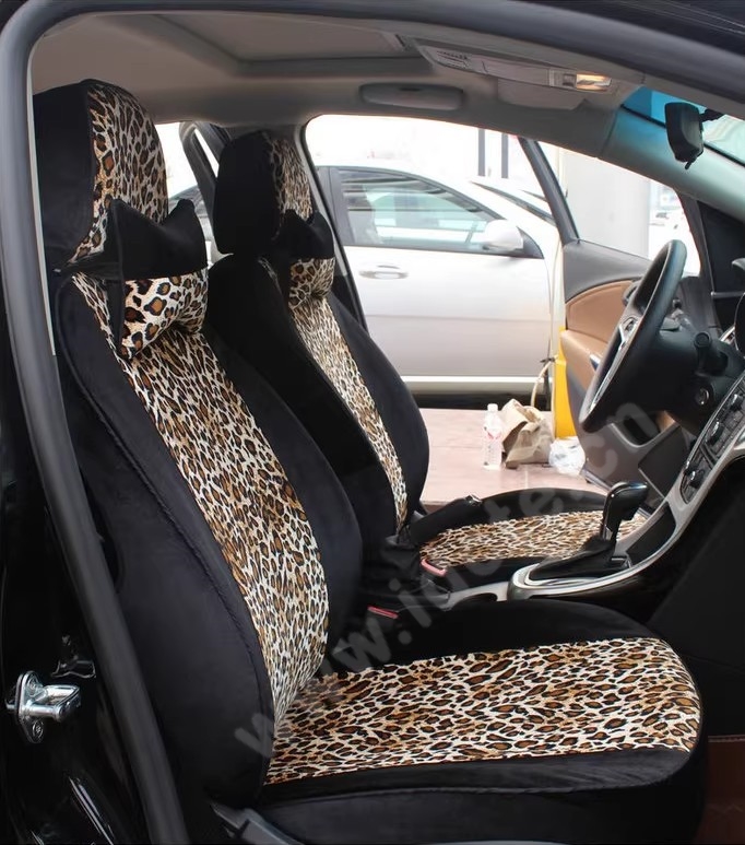 Funky Automobile Woman Leopard Print Girls Velvet Custom Automobile Car Seat Cover Set - Black Brown