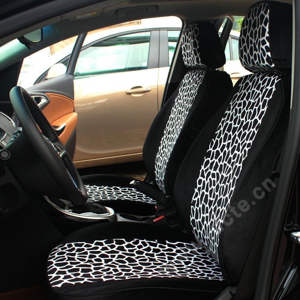 Funky Automobile Woman Leopard Print Girls Velvet Custom Automobile Car Seat Cover Set - Black White