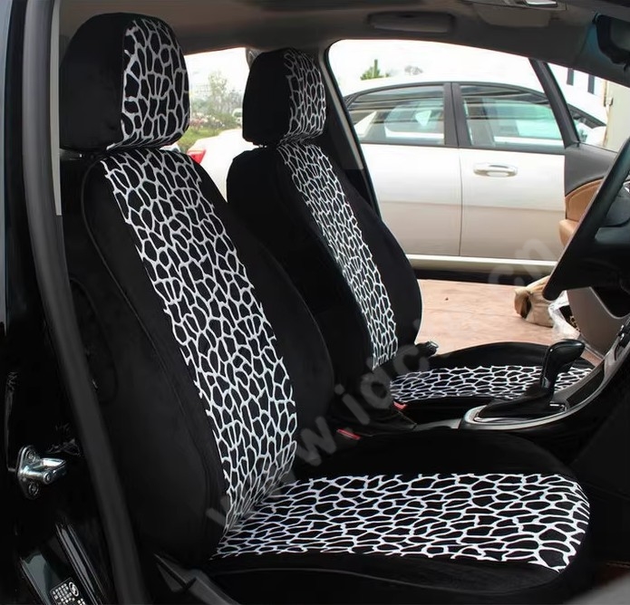 Funky Automobile Woman Leopard Print Girls Velvet Custom Automobile Car Seat Cover Set - Black White