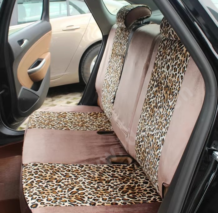 Funky Automobile Woman Leopard Print Girls Velvet Custom Automobile Car Seat Cover Set - Coffee Brown
