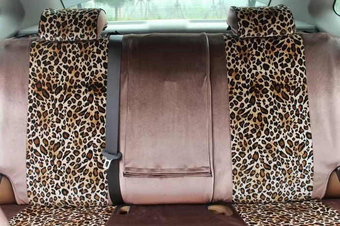 Funky Automobile Woman Leopard Print Girls Velvet Custom Automobile Car Seat Cover Set - Coffee Brown