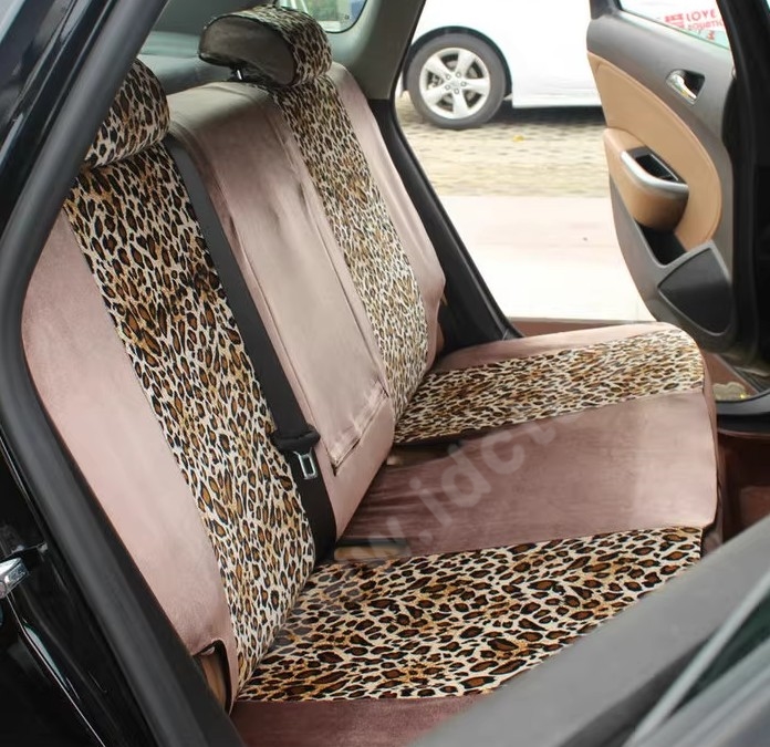 Funky Automobile Woman Leopard Print Girls Velvet Custom Automobile Car Seat Cover Set - Coffee Brown