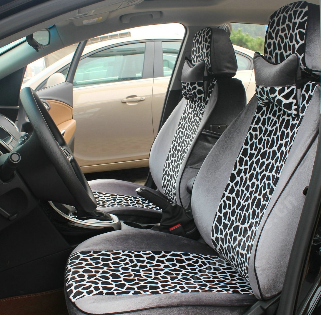 Funky Automobile Woman Leopard Print Girls Velvet Custom Automobile Car Seat Cover Set - Grey White