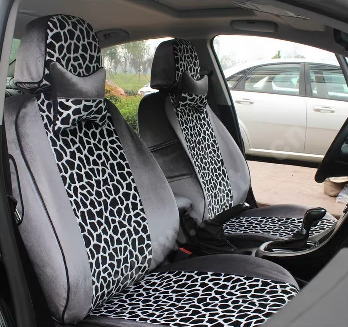 Funky Automobile Woman Leopard Print Girls Velvet Custom Automobile Car Seat Cover Set - Grey White