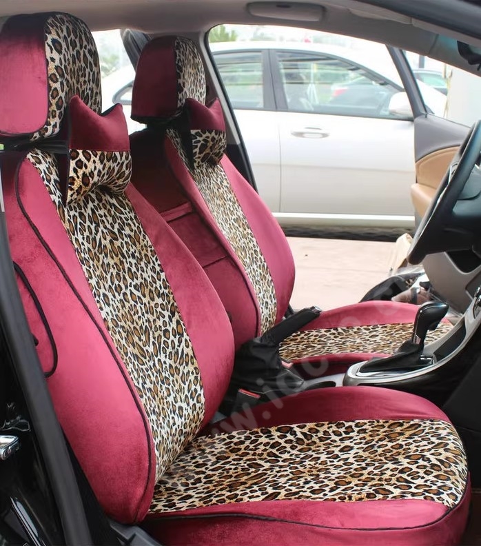 Funky Automobile Woman Leopard Print Girls Velvet Custom Automobile Car Seat Cover Set - Rose Brown