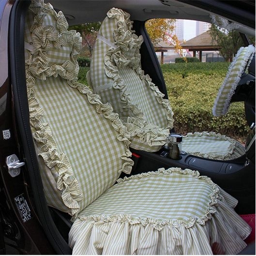 Funky Bud Silk Woman Floral Girls Lace Cotton Custom Automobile Car Seat Cover Set - Grid Green