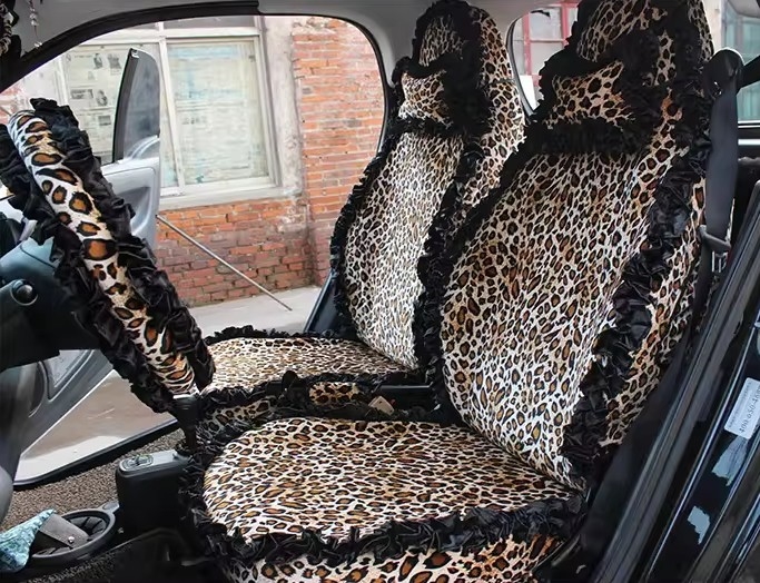 Funky Bud Silk Woman Leopard print Girls Lace Cotton Custom Automobile Car Seat Cover Set - Brown Black