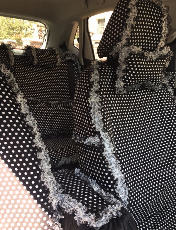 Funky Bud Silk Woman Polka Dot Girls Lace Cotton Custom Automobile Car Seat Cover Set - Black White