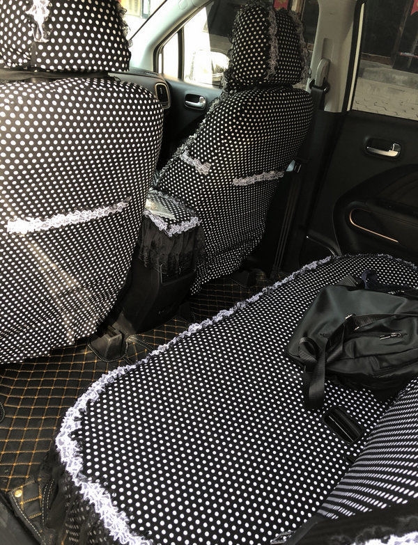 Funky Bud Silk Woman Polka Dot Girls Lace Cotton Custom Automobile Car Seat Cover Set - Black White
