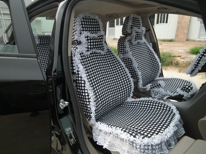 Funky Bud Silk Woman Square Grid Girls Lace Cotton Custom Automobile Car Seat Cover Set - Black White