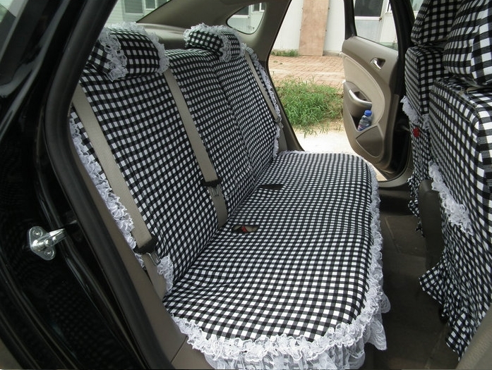 Funky Bud Silk Woman Square Grid Girls Lace Cotton Custom Automobile Car Seat Cover Set - Black White